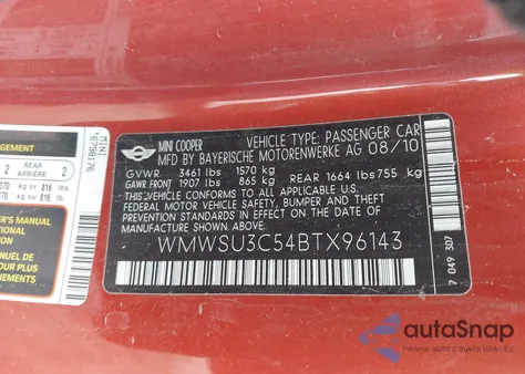 2011 Mini Cooper z USA, uszkodzony, nr VIN WMWSU3C54BTX96143